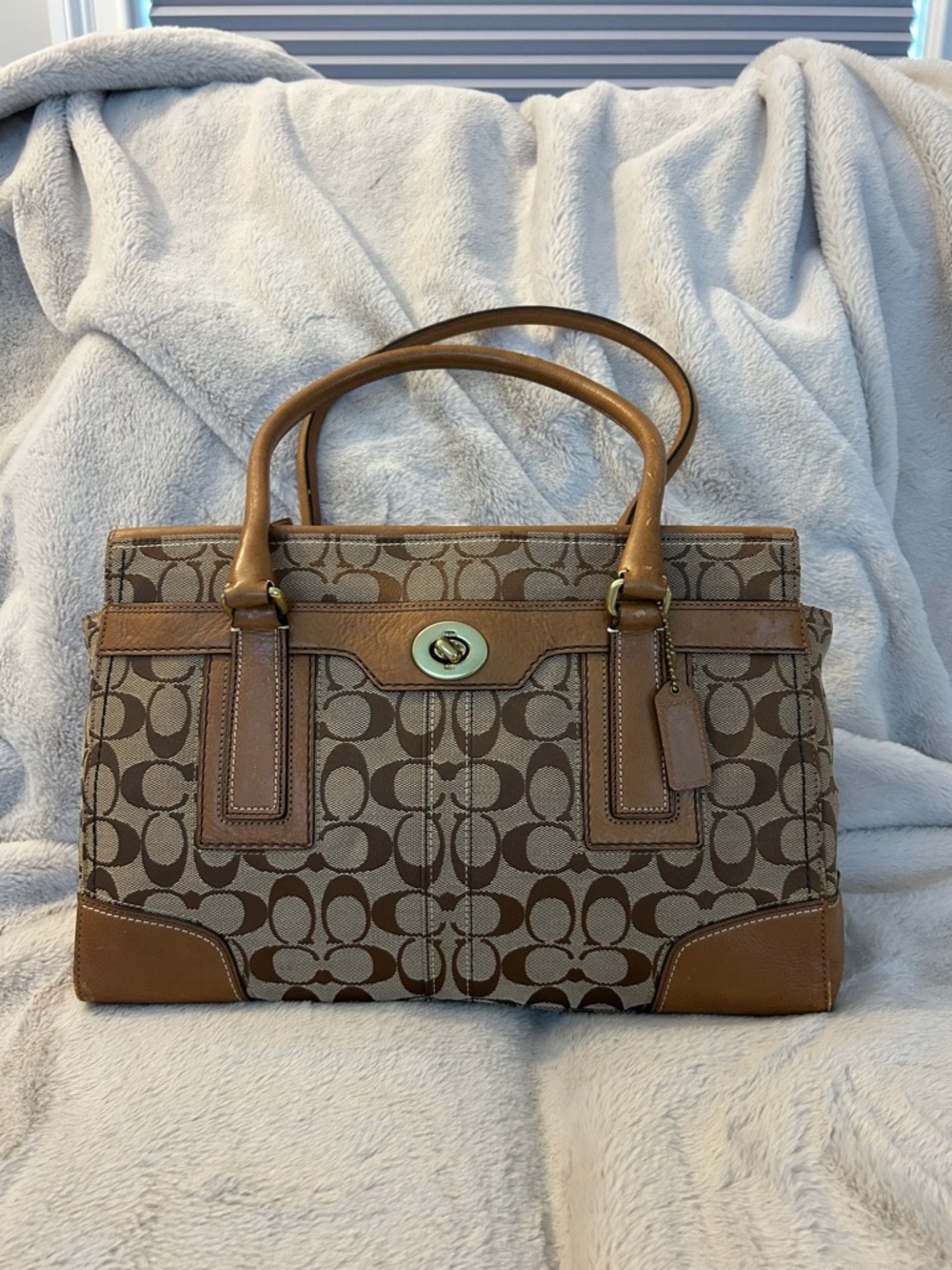 Coach Brown Signature Canvas Satchel with Leather Trim